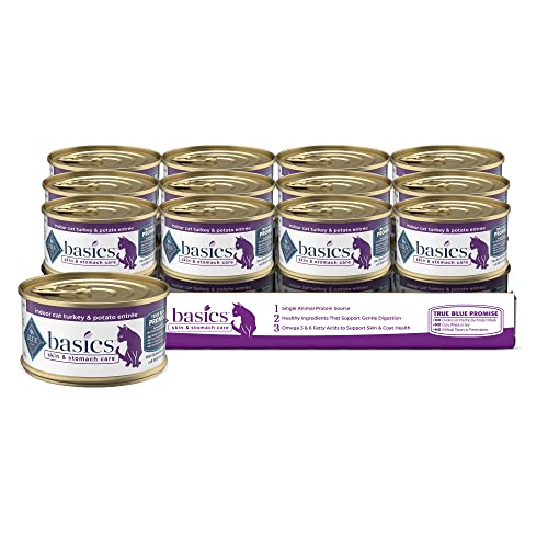 Blue Buffalo Basics Skin & Stomach Care, Grain Free Natural Adult Pate Wet Cat Food, Indoor Turkey 3-oz cans (Pack of...